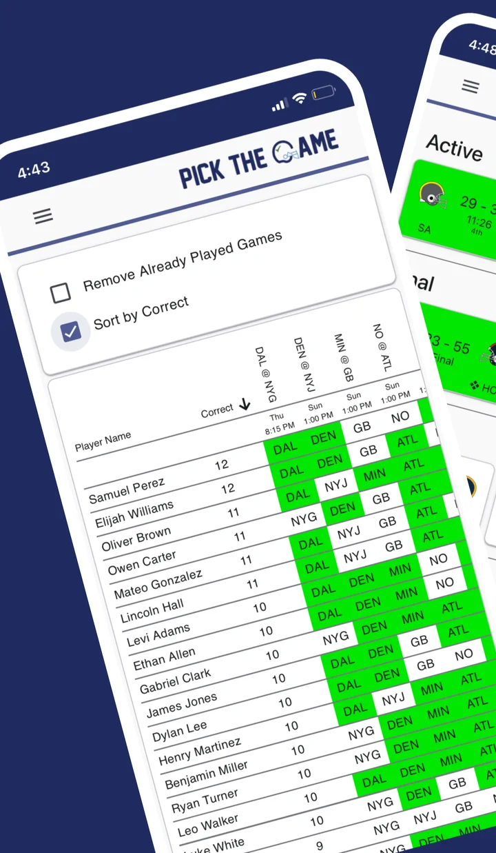 PickTheGame mobile app showing active football pools